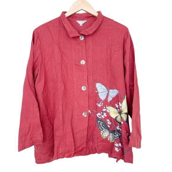 Citron Santa Monica Orange Butterfly 100% Linen Button Front Top Sz M - Picture 1 of 7